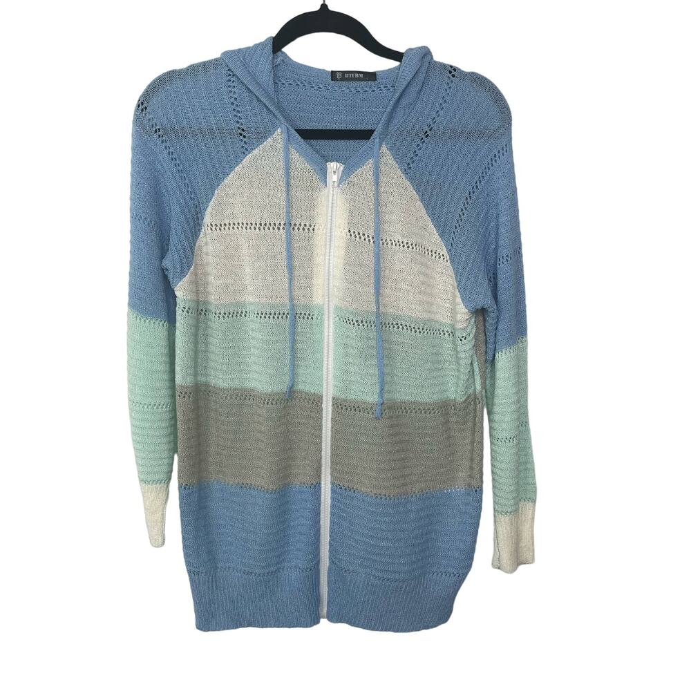 BTFBM Open Knit Sweater Hooded Cardigan Full Zip Colorblock Pastel Multicolor L‎